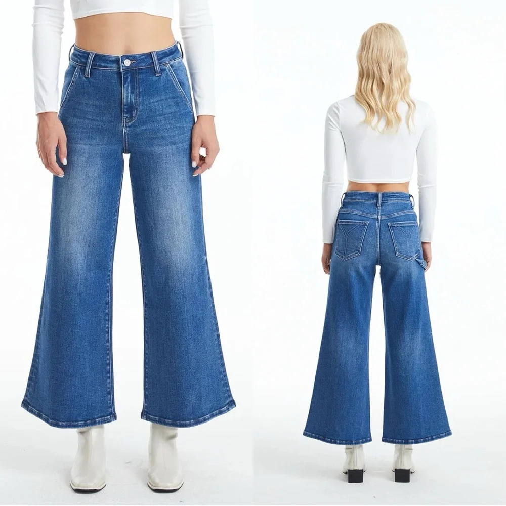 Bayeas Authentic Style Carpenter Wide Leg Flare Jeans High Rise in Sweet Blue 25